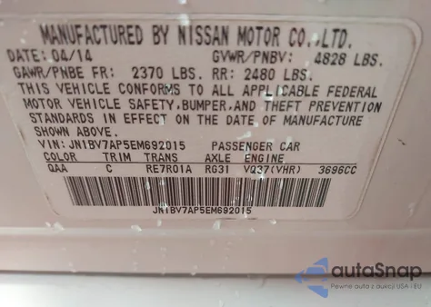 2014 Infiniti Q50 Premium z USA, uszkodzony, nr VIN JN1BV7AP5EM692015